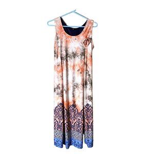 Long Flowy Midi/Maxi Dress Peach/Gray/Navy Multi Print Soft to Touch Size 2XL